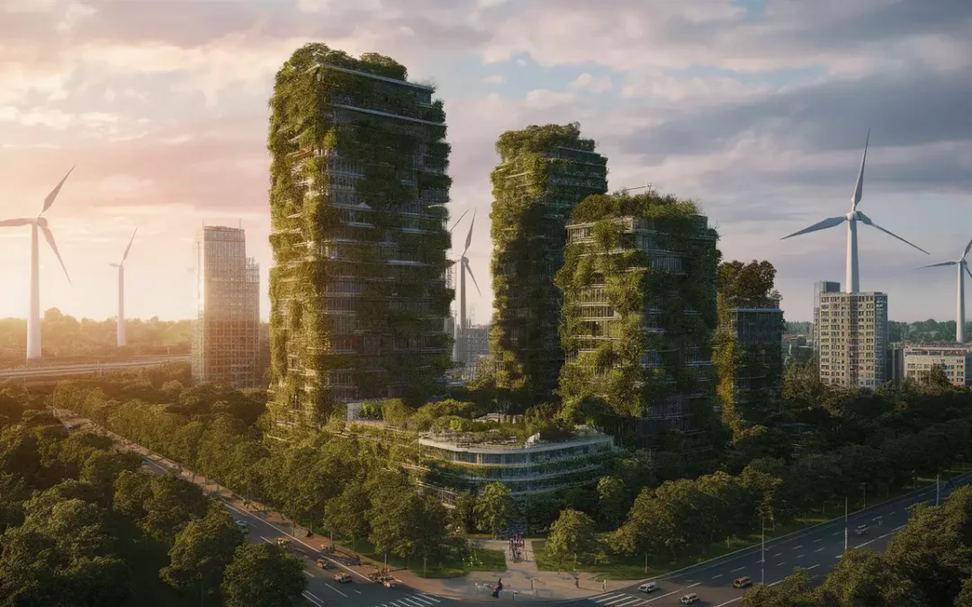 Cidade futurista com edifícios cobertos de plantas, turbinas eólicas ao fundo e carros elétricos nas ruas.